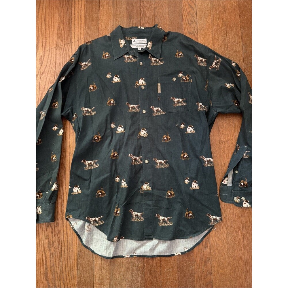 Columbia Shirt Mens Large Green Dog Print Button Down Long Sleeve Hunting Dogs